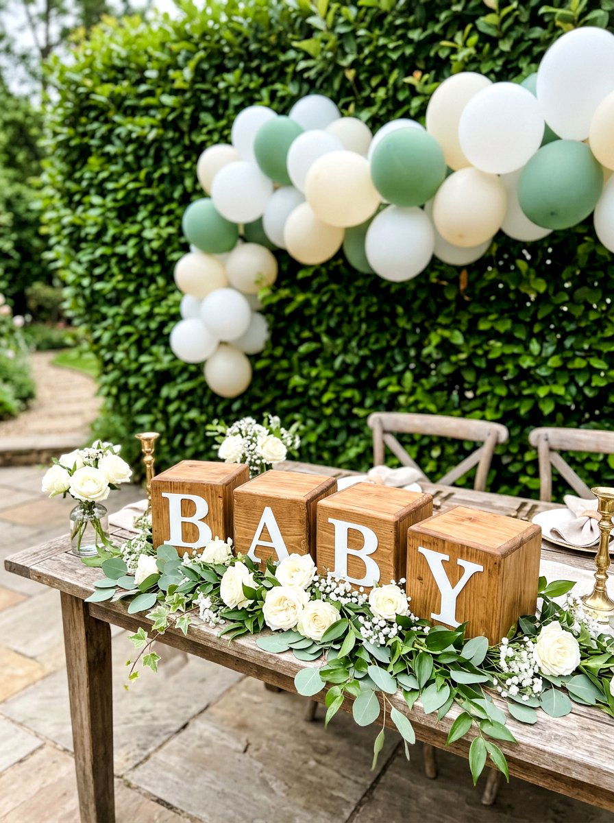 Alphabet block table decor - 30 garden baby shower table ideas