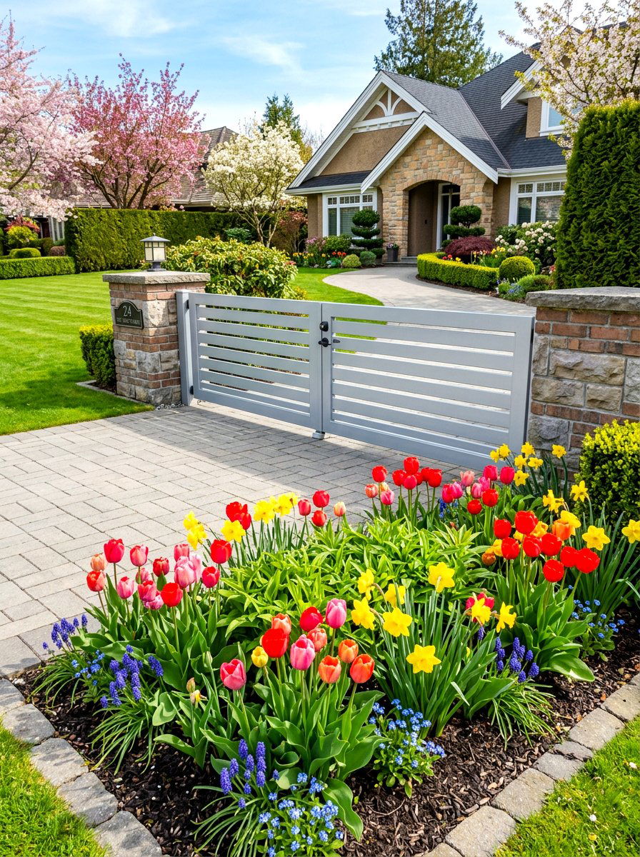 Aluminum Gate With Seasonal Flower Beds - 30 driveway gate landscaping ideas