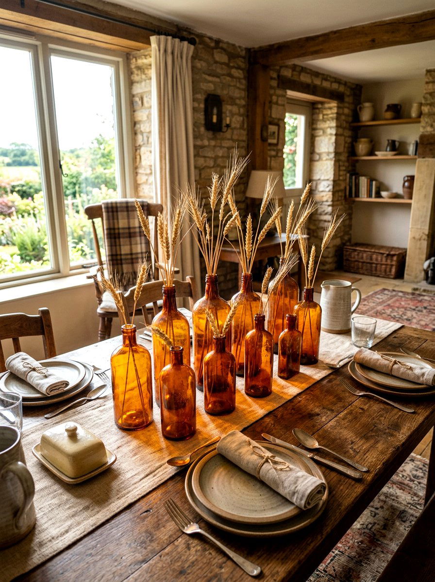 Amber Glass Bottle Grouping - 30 farmhouse table decor ideas