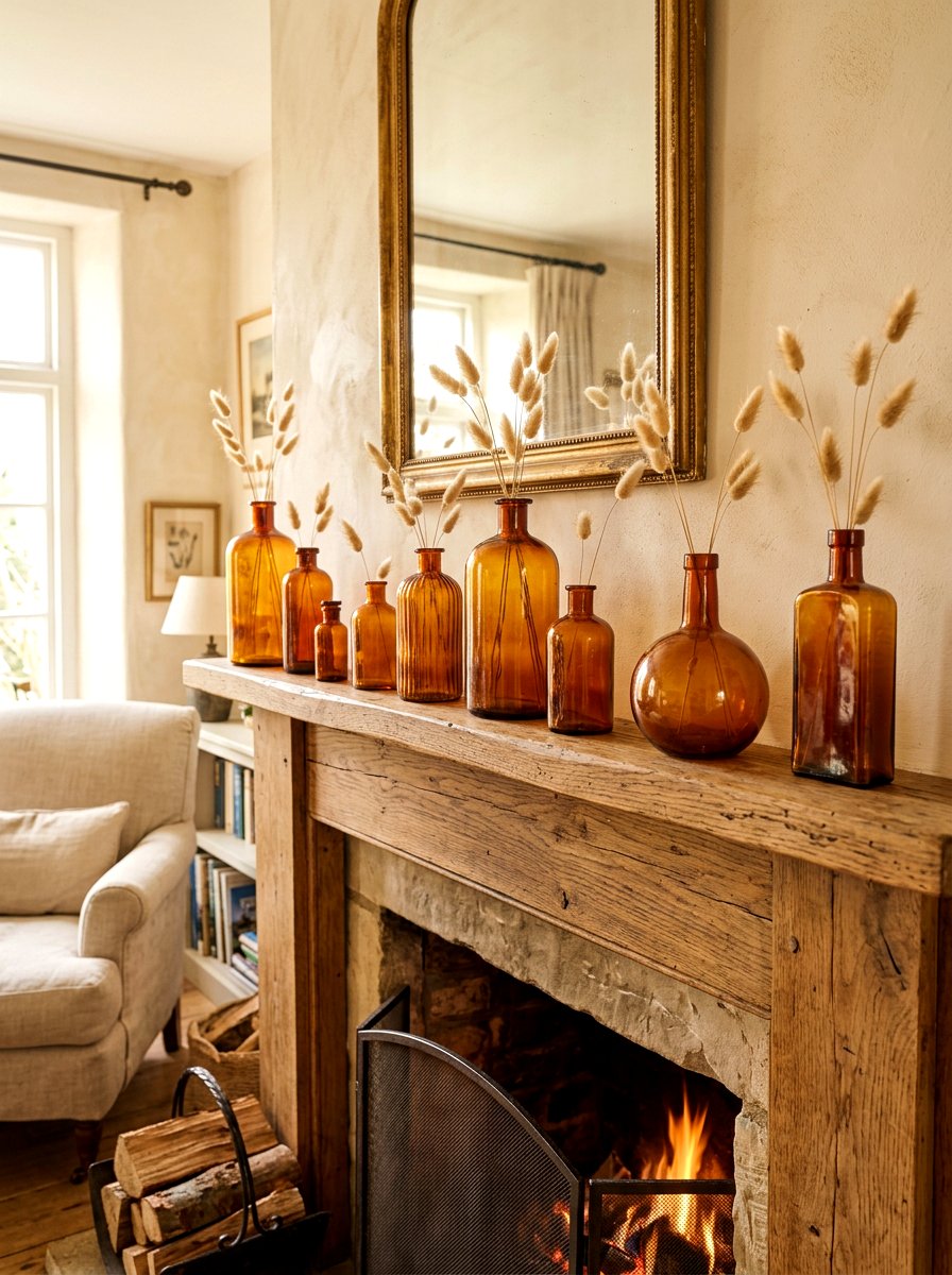 Amber Glass Bottle Set - 30 fall mantel layering ideas