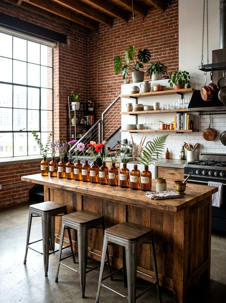 Amber bottle flowers - 30 summer table centerpiece ideas