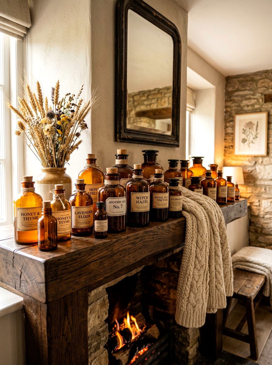 Amber glass bottles - 30 moody mantel fall ideas