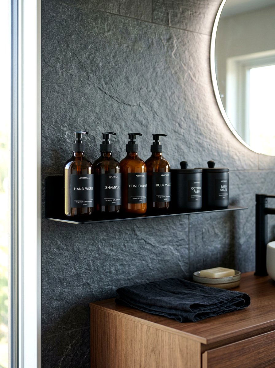Amber glass bottles - 30 spa shelf styling bathroom ideas