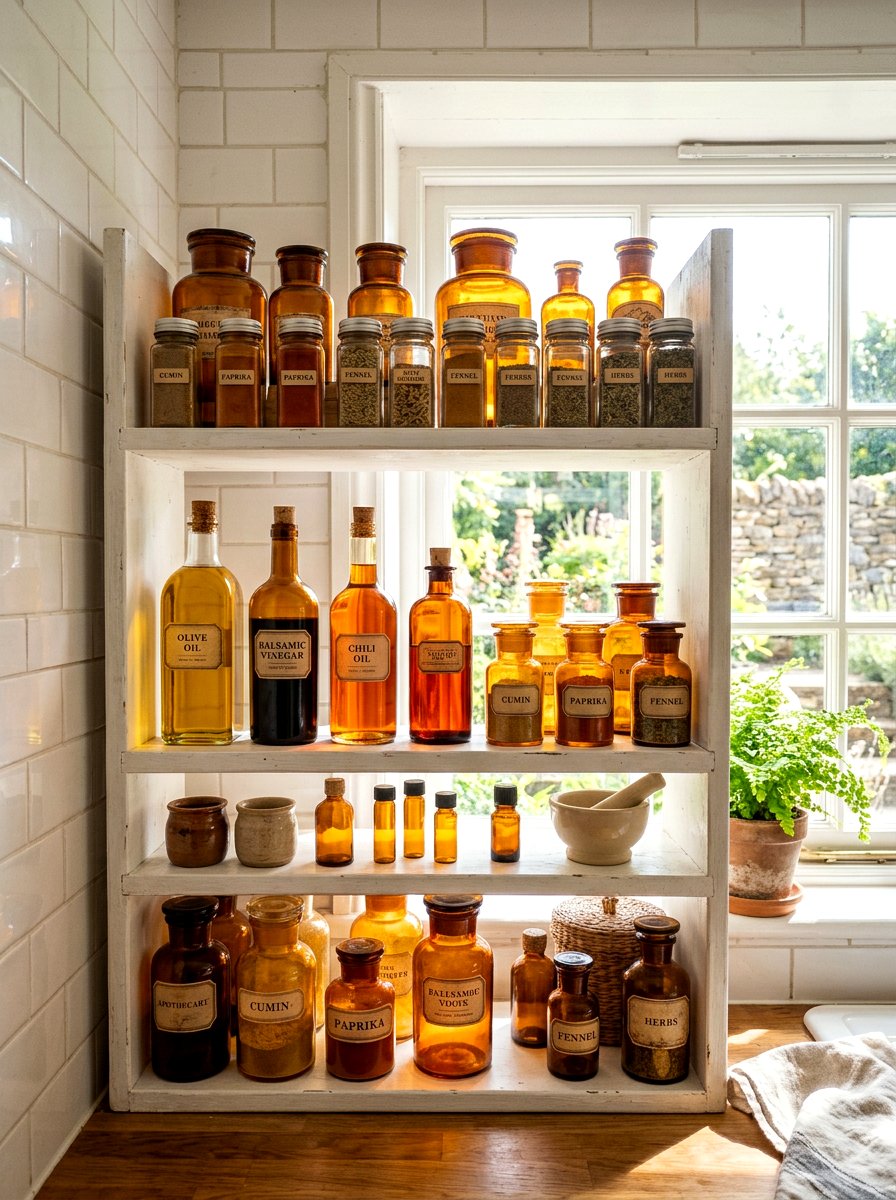 Amber glass kitchen display - 30 fall kitchen shelf decor ideas