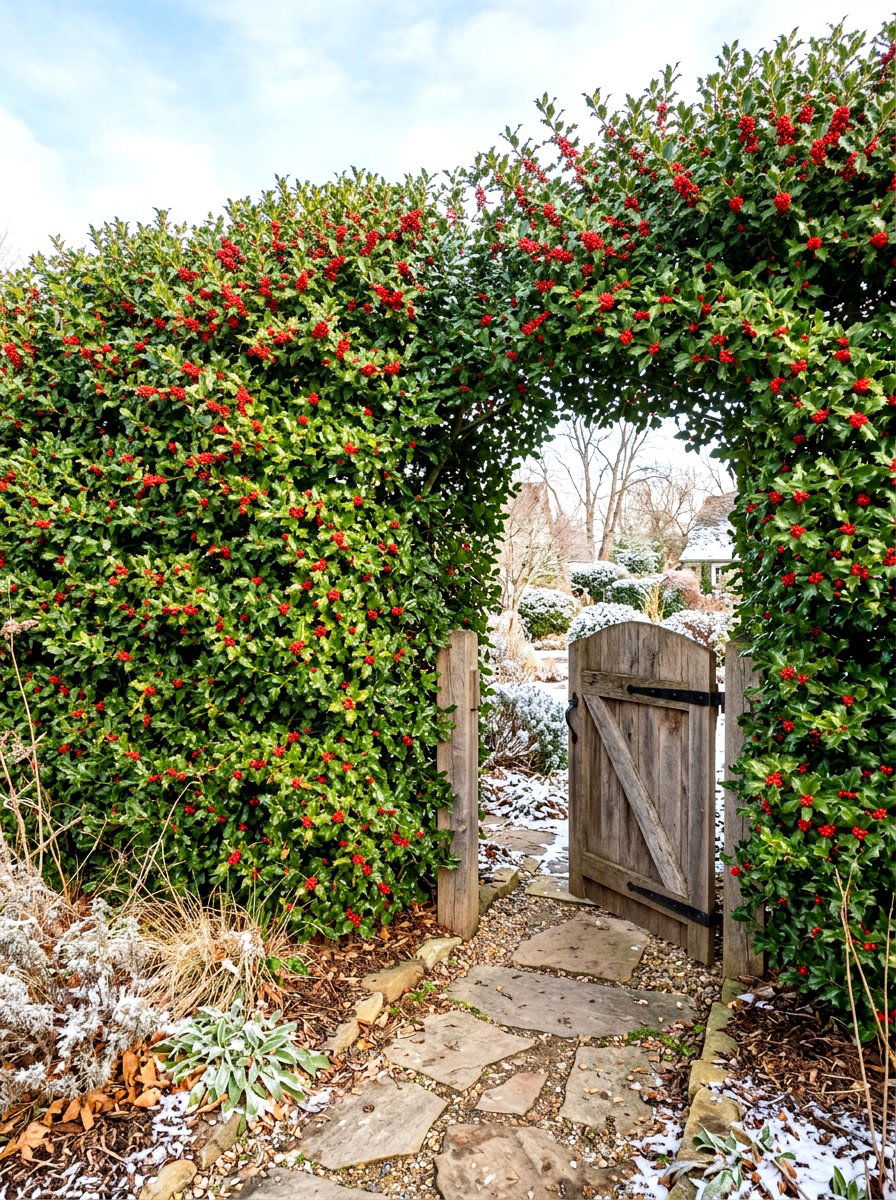 American Holly privacy wall - 30 evergreen privacy border ideas