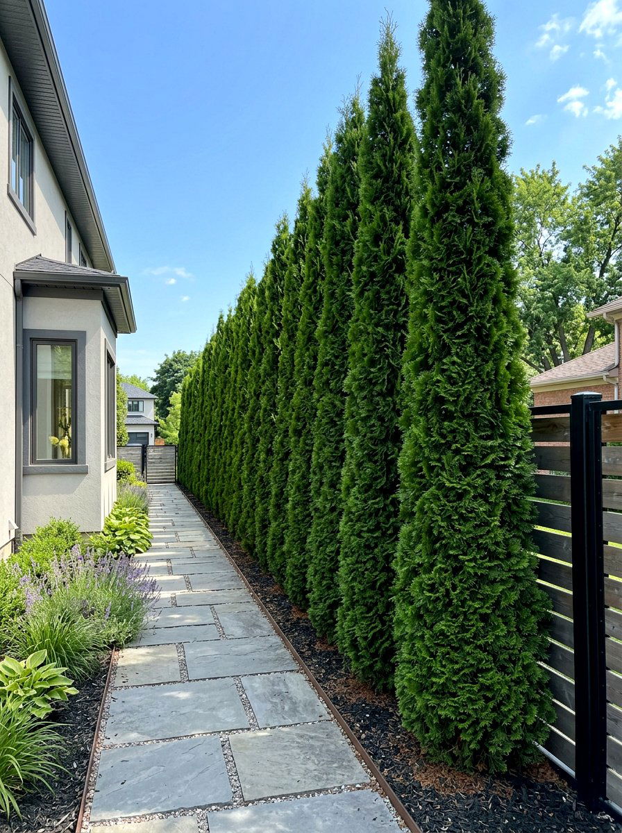 American Pillar Arborvitae Row - 30 arborvitae privacy ideas