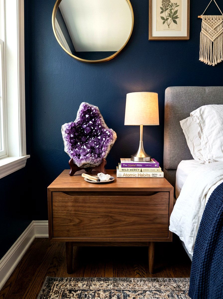 Amethyst Crystal Cluster Display - 30 extra celestial bedroom ideas