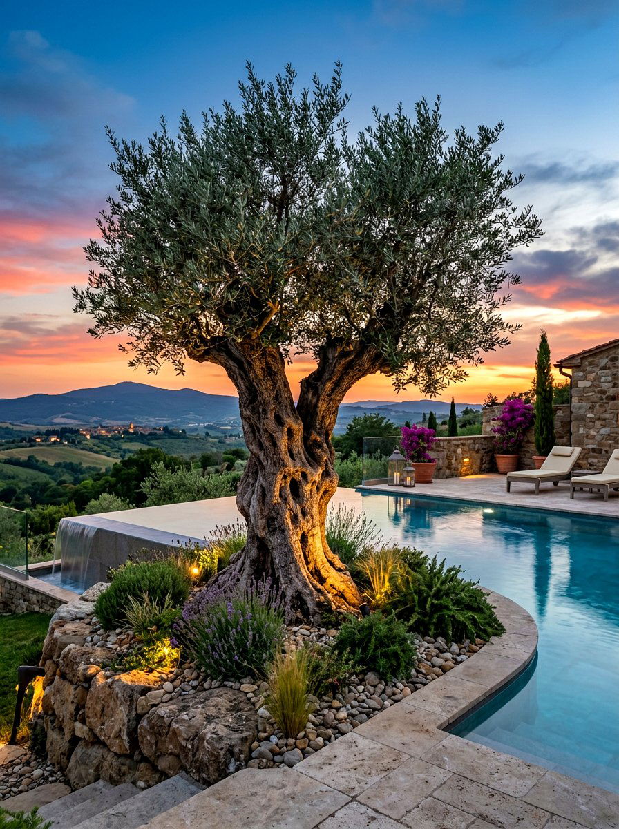 Ancient olive tree centerpiece by pool - 30 poolside olive trees ideas