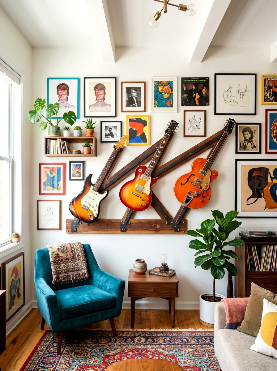 Angled guitar wall mount - 30 guitar wall display ideas