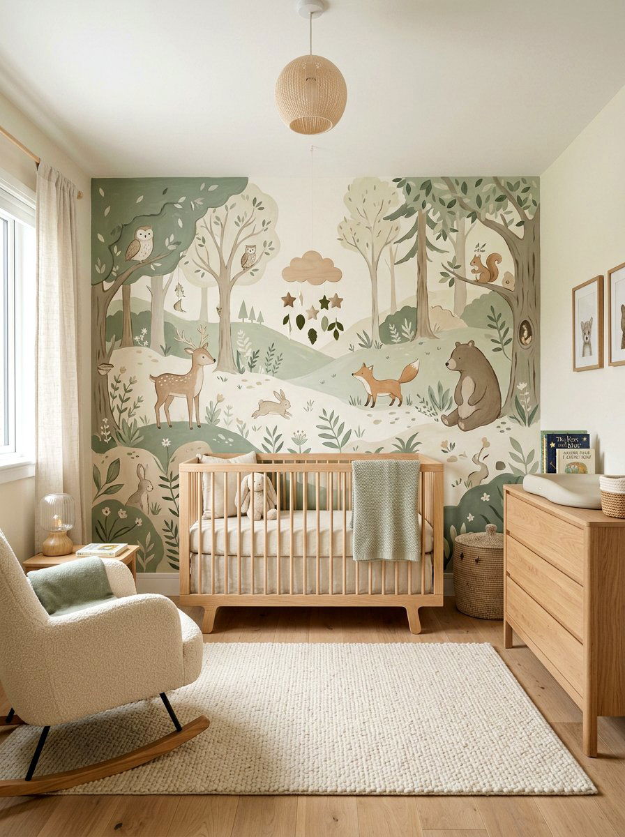 Animal Nursery Mural - 30 sage and cream nursery ideas