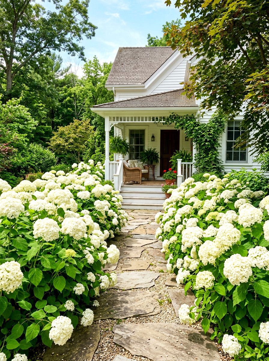 Annabelle Hydrangea Pathway Entrance - 30 front porch hydrangea ideas