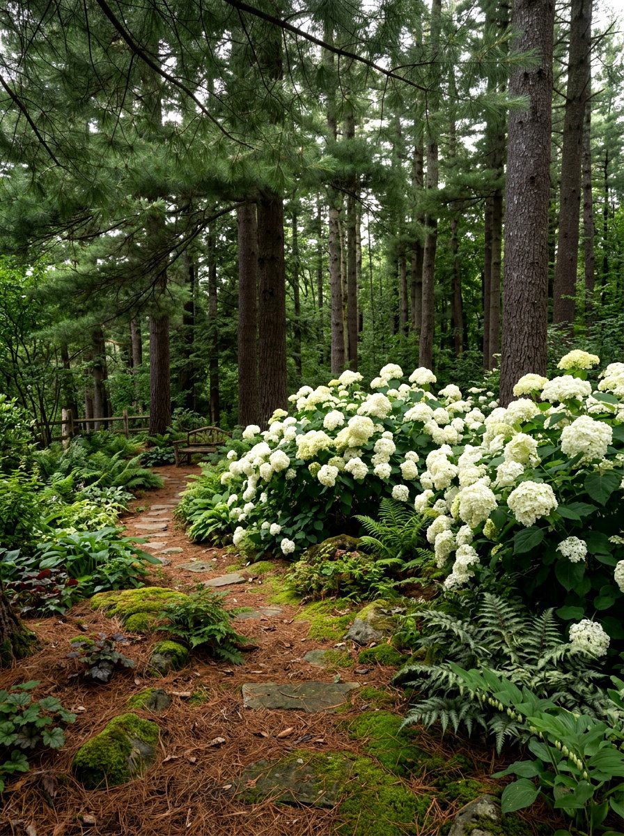 Annabelle hydrangea and pine tree shade garden - 30 evergreen and hydrangea landscape ideas