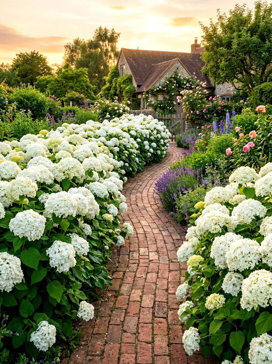 Annabelle hydrangea walkway lining - 30 hydrangea hedge ideas