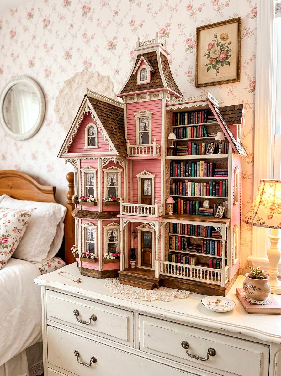Antique Dollhouse Bookshelf Storage - 30 vintage toy decor ideas