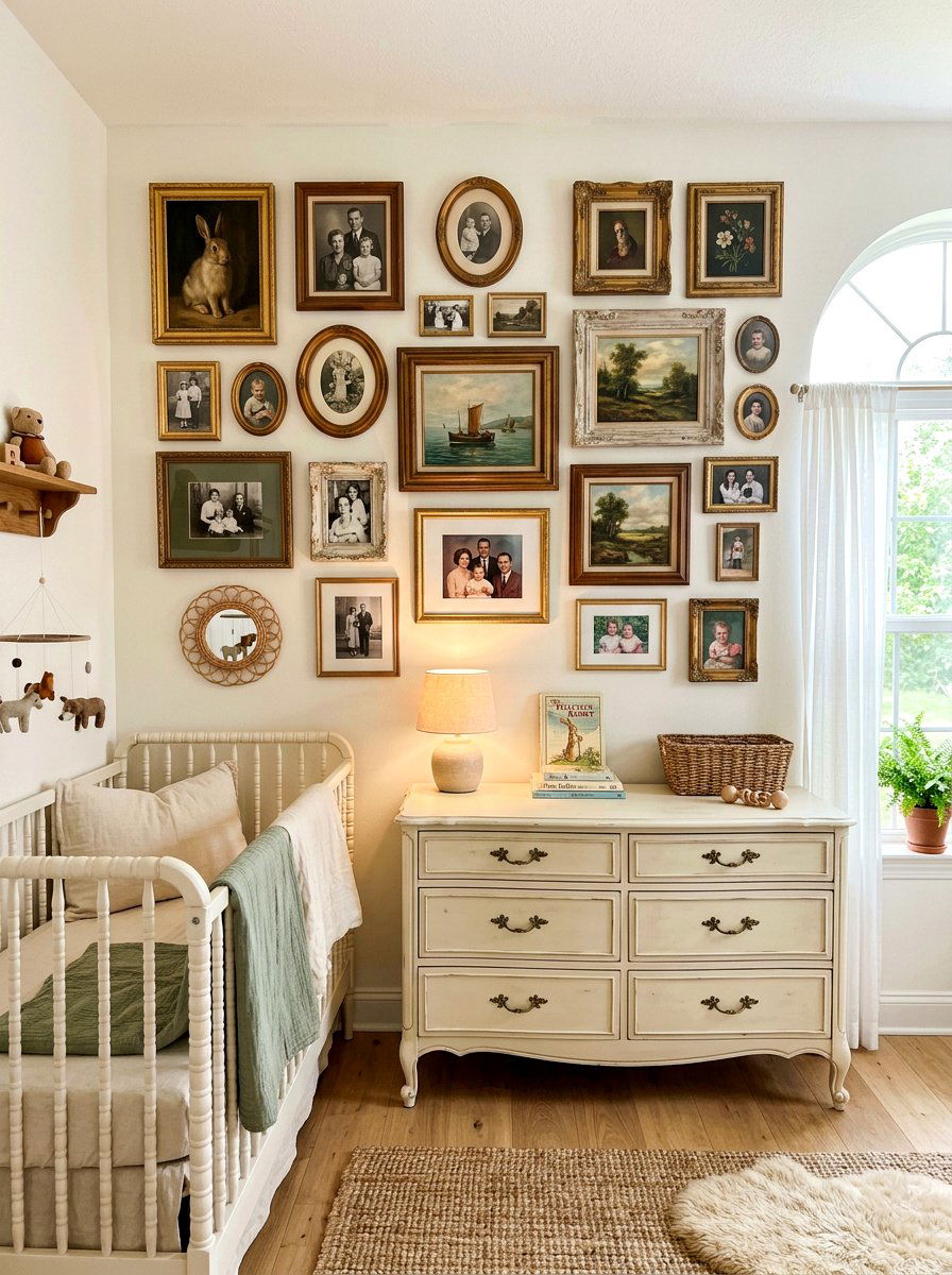Antique Gallery Wall Nursery - 30 vintage baby room ideas