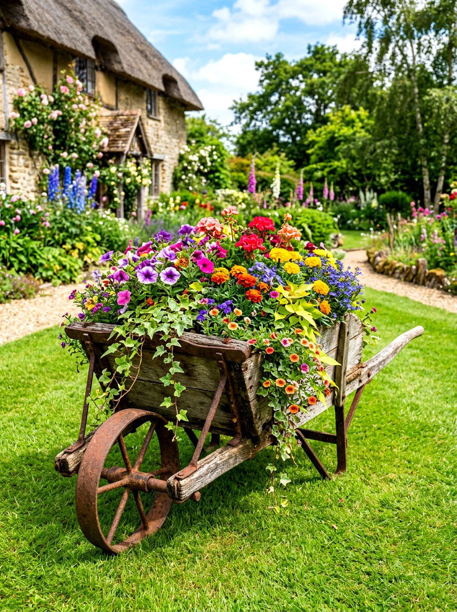 Antique Garden Wheelbarrow - 30 rustic planter ideas