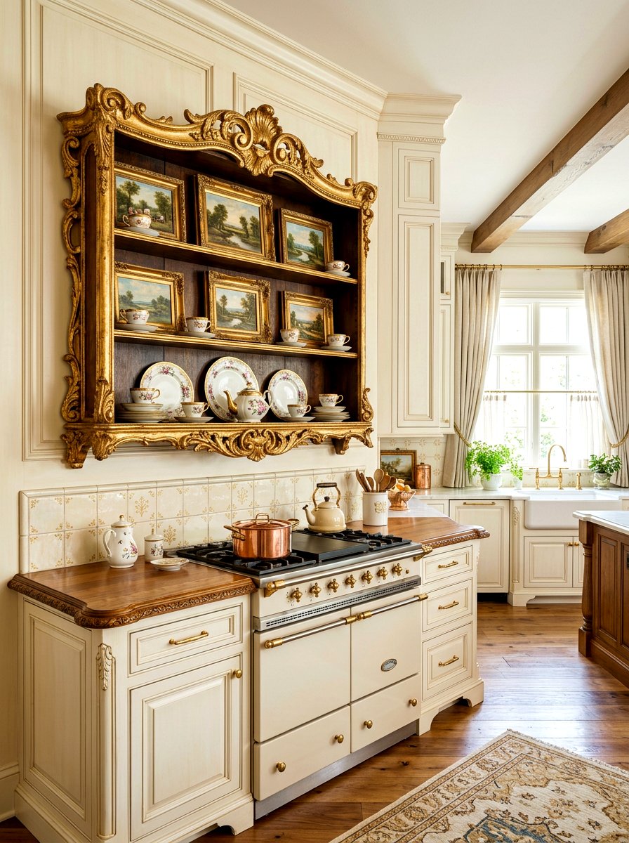 Antique Gilt Frame Shelf - 30 French cottage kitchen shelf ideas