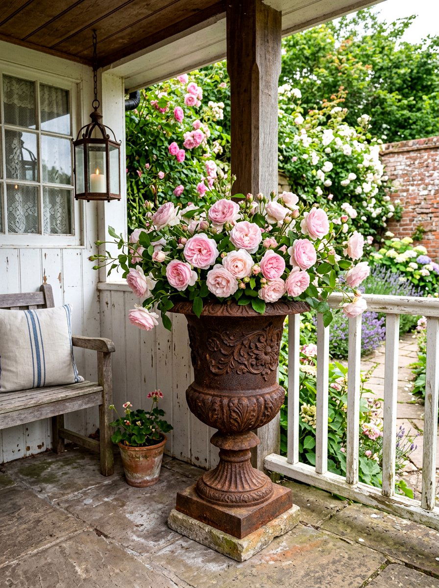Antique Iron Rose Urn - 30 porch rose planter ideas