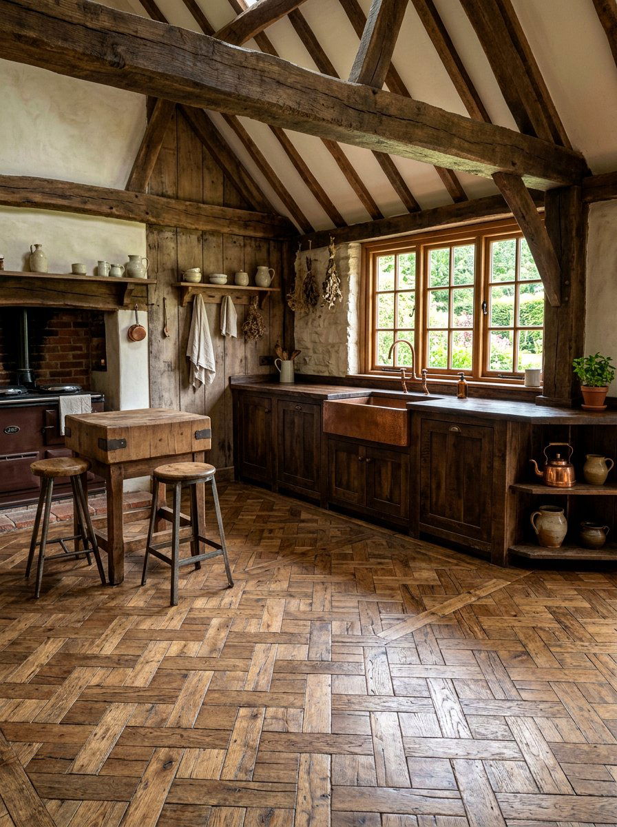 Antique Reclaimed Wood Parquet - 30 parquet kitchen floor ideas