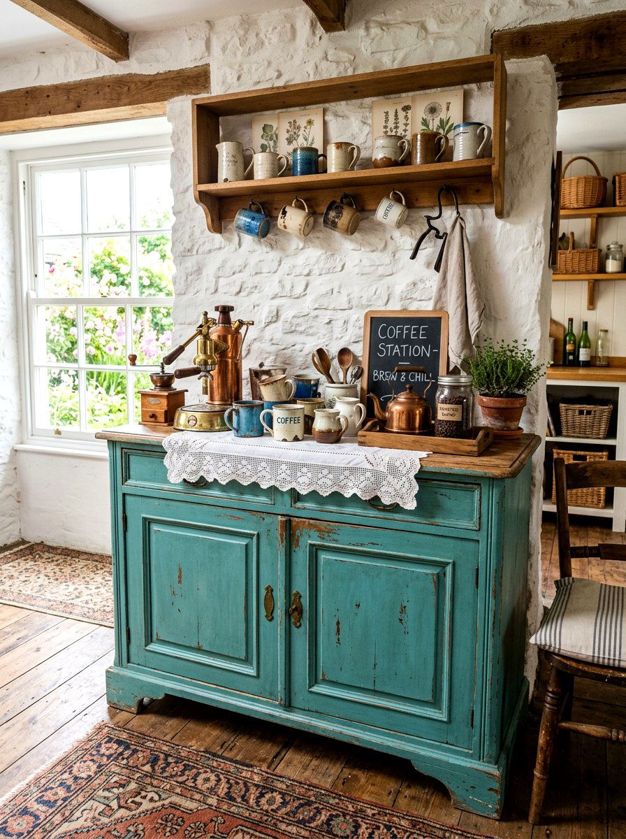 Antique Sideboard Coffee Station - 30 coffeehouse kitchen corner ideas