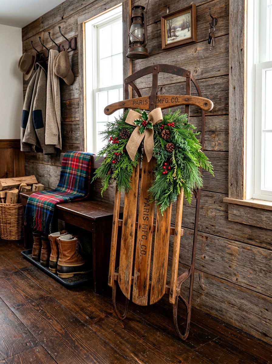 Antique Sled - 30 ski lodge holiday decor ideas