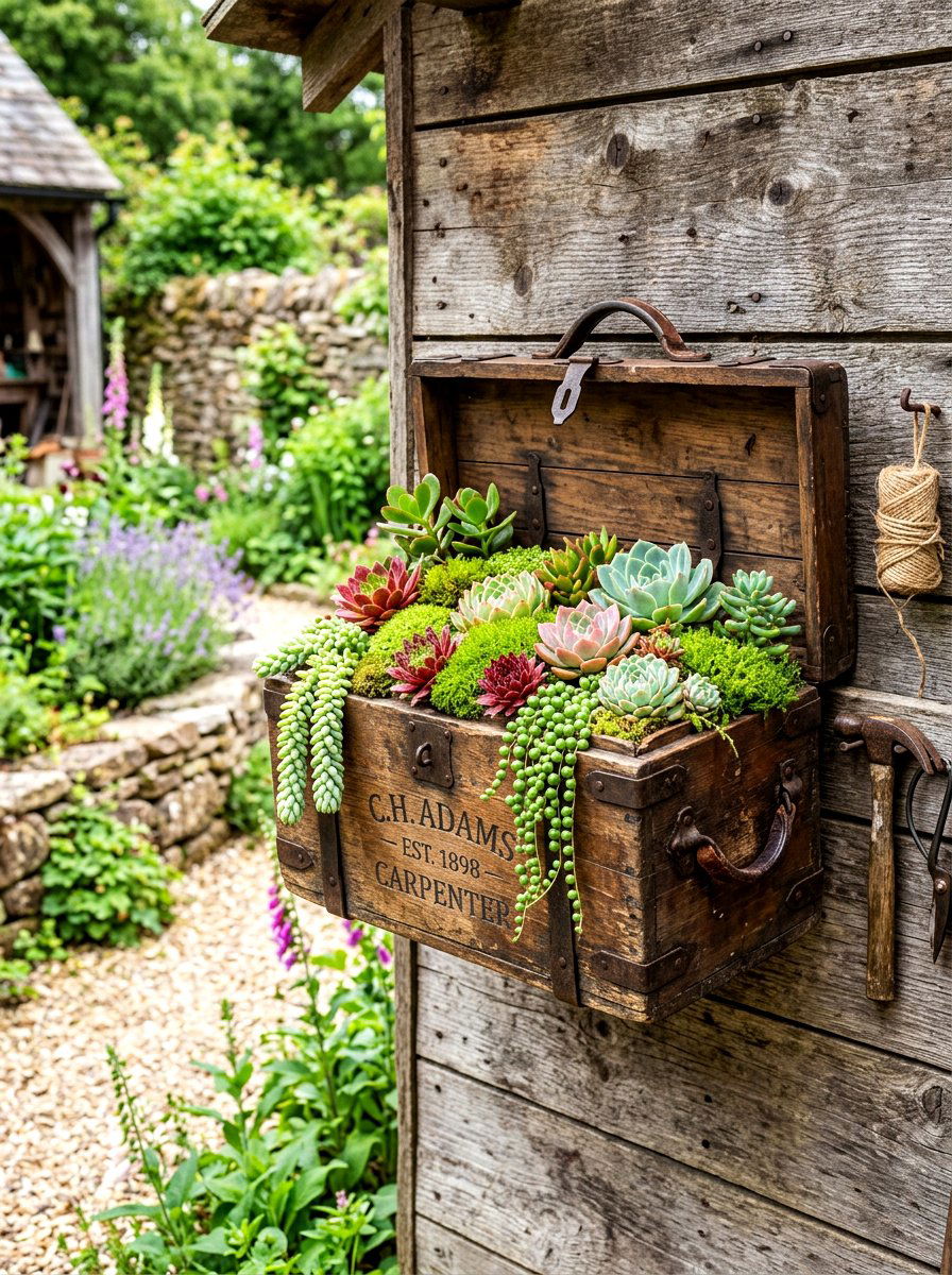 Antique Tool Box Planter - 30 rustic vertical garden ideas