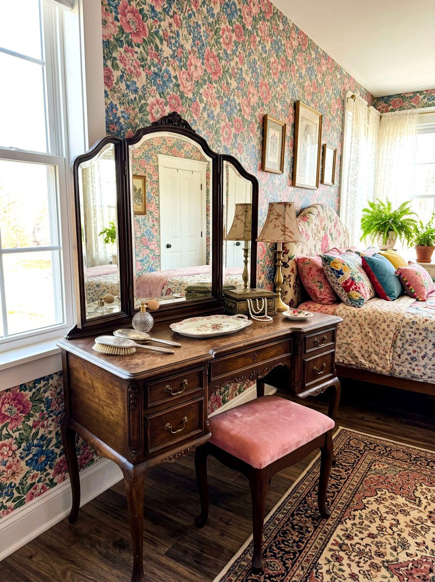Antique Vanity Table - 30 maximalist bedroom ideas