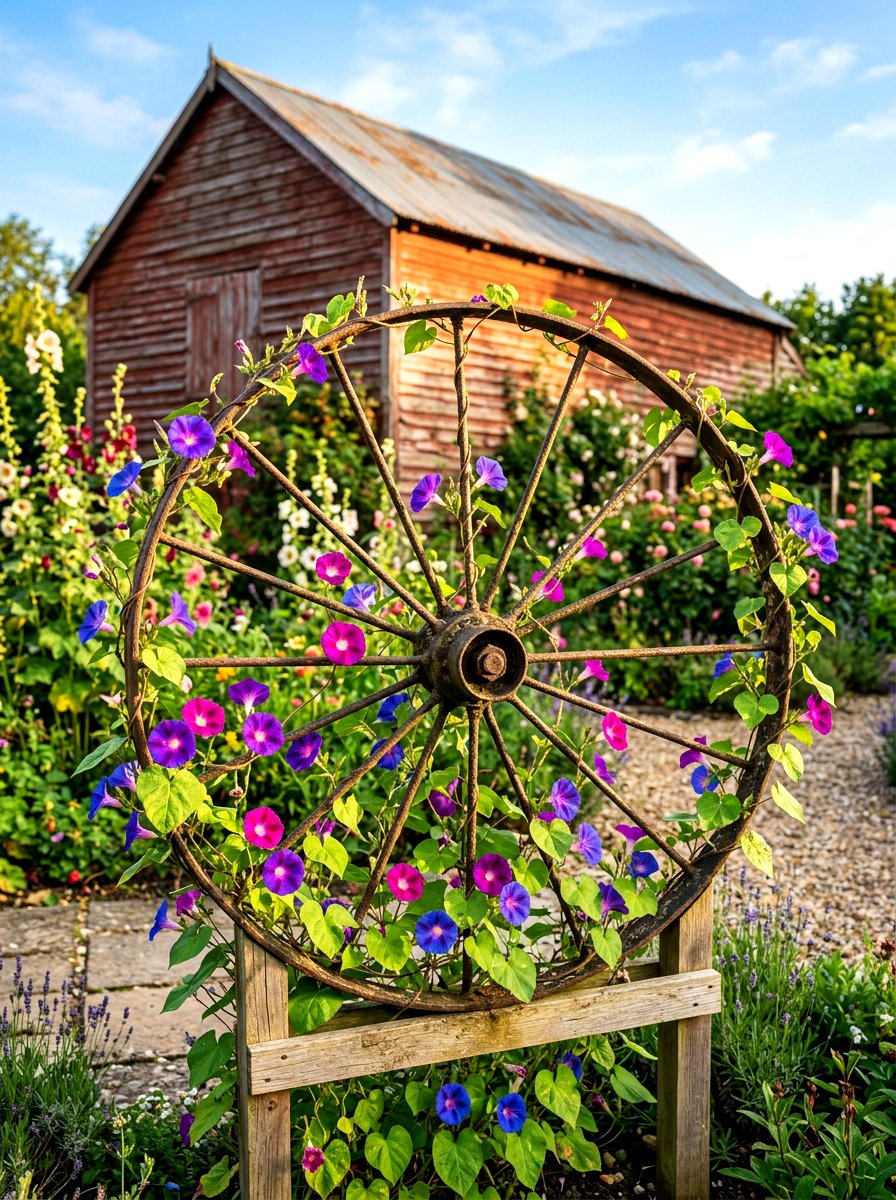 Antique Wagon Wheel - 30 vegetable garden trellis ideas