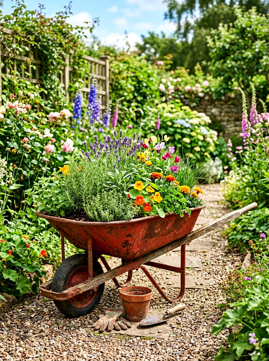 Antique Wheelbarrow Herb Garden - 30 herb garden bed ideas