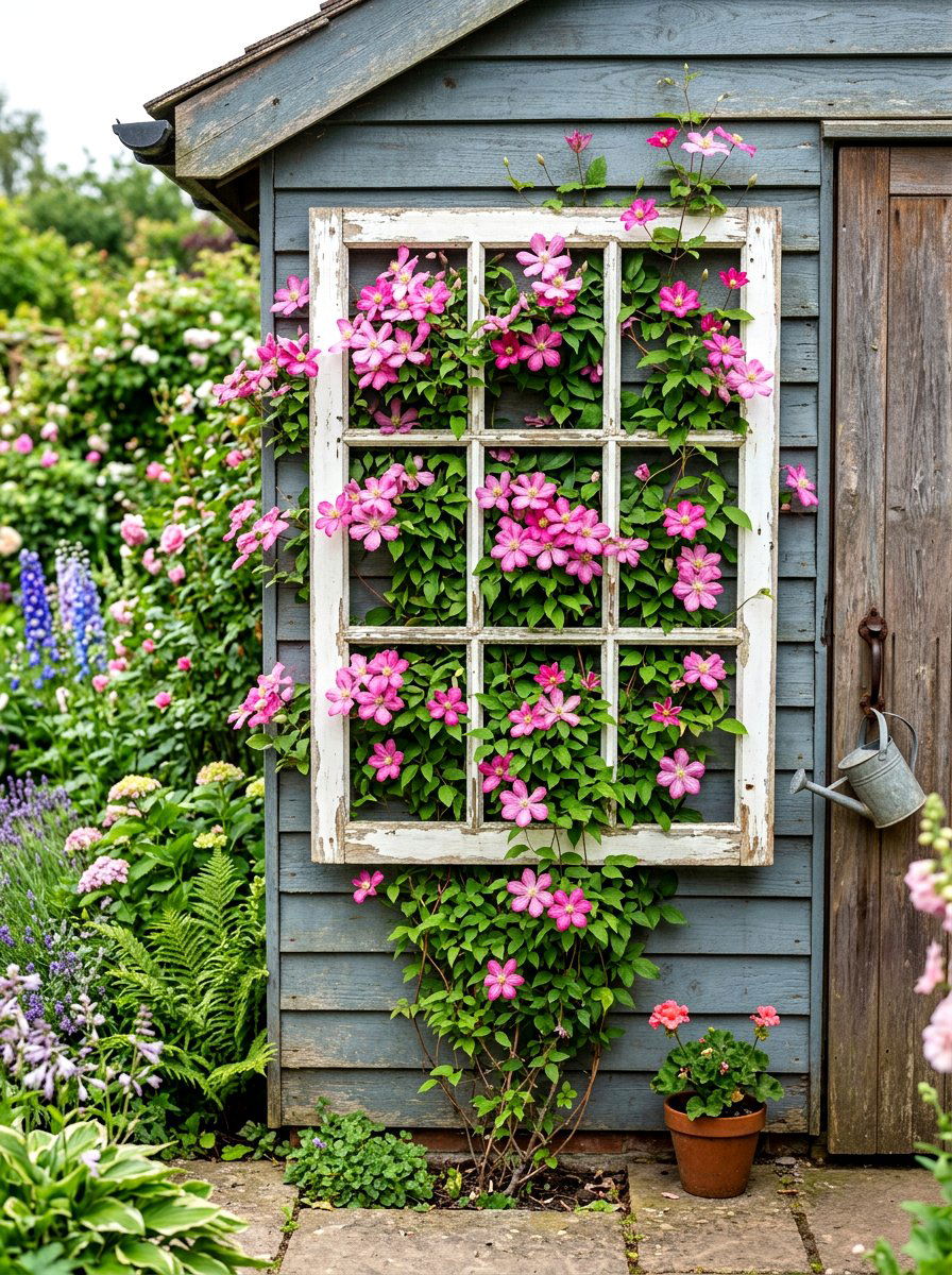 Antique Window Frame Trellis - 30 repurposed garden decor ideas