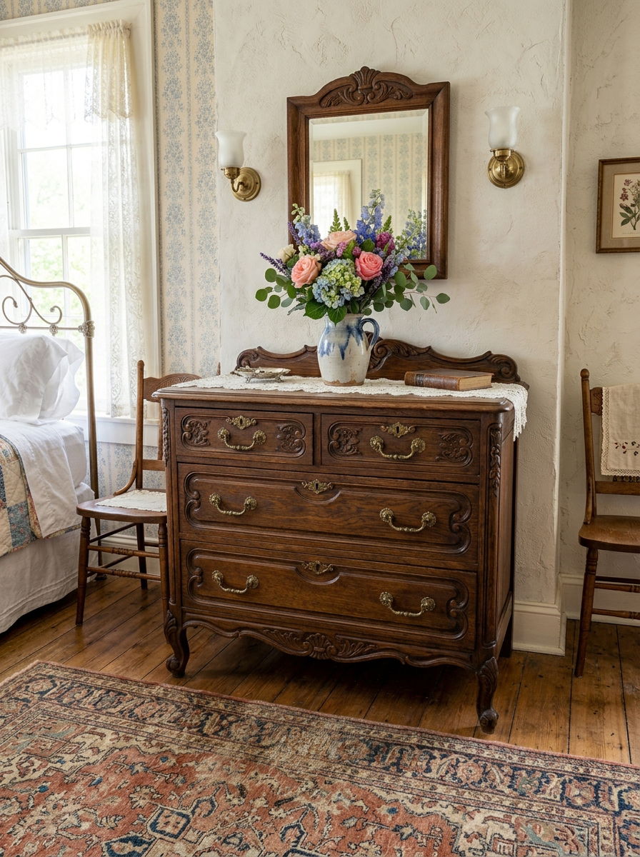 Antique Wood Dresser - 30 soft vintage bedroom ideas