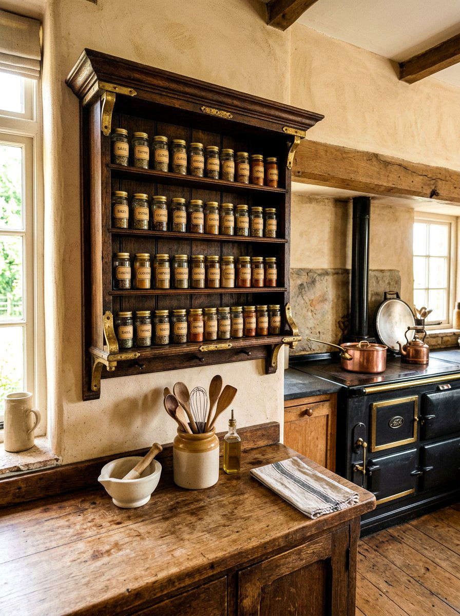 Antique Wood Spice Rack - 30 vintage kitchen shelf ideas