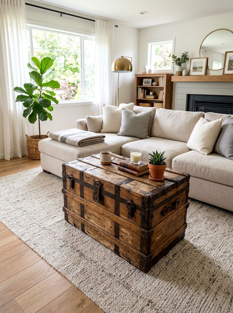 Antique Wood Trunk - 30 rustic farmhouse living room ideas