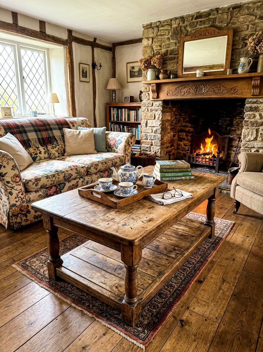 Antique Wooden Coffee Table - 30 English cottage living room ideas