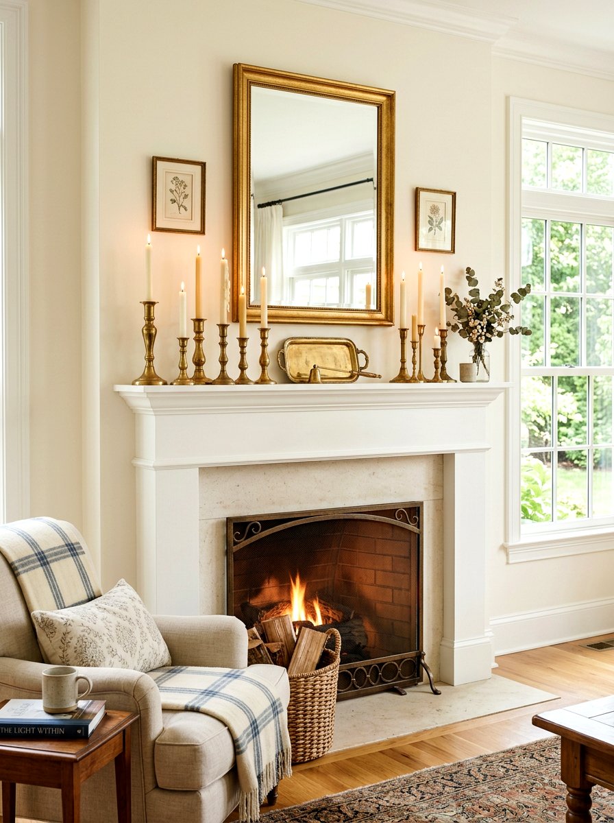 Antique brass candlestick mantel arrangement - 30 heirloom decor ideas