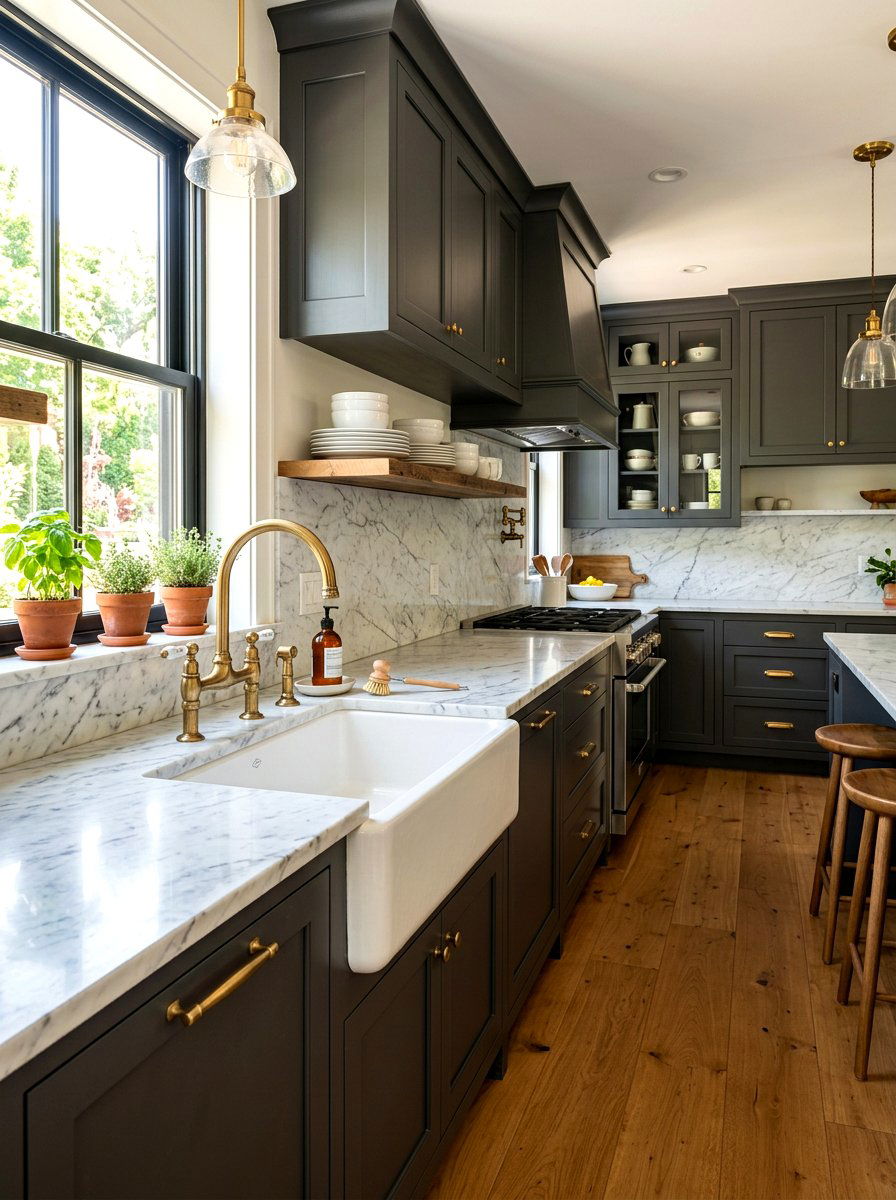 Antique brass faucet - 30 industrial farmhouse kitchen ideas