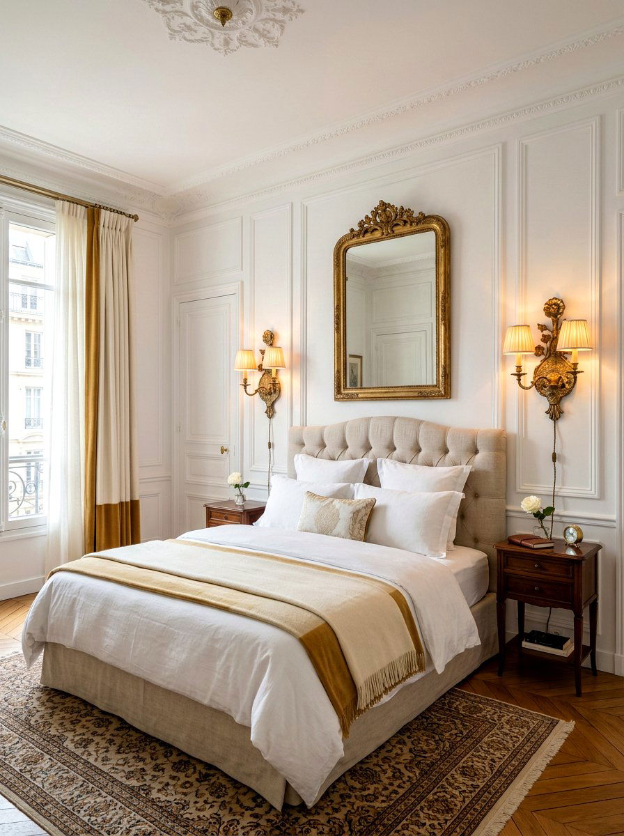 Antique brass sconce - 30 Parisian hotel bedroom ideas