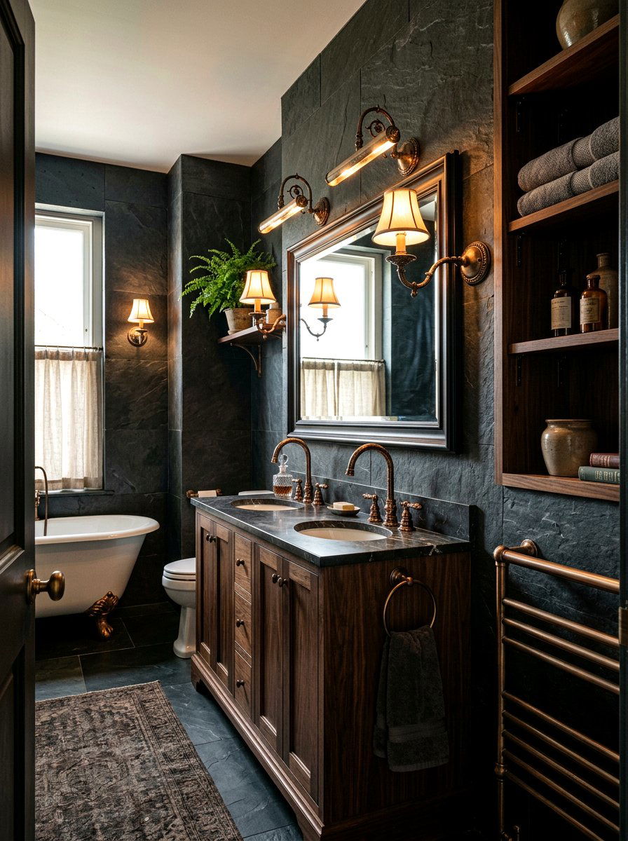 Antique bronze picture light - 30 moody bathroom lamp ideas