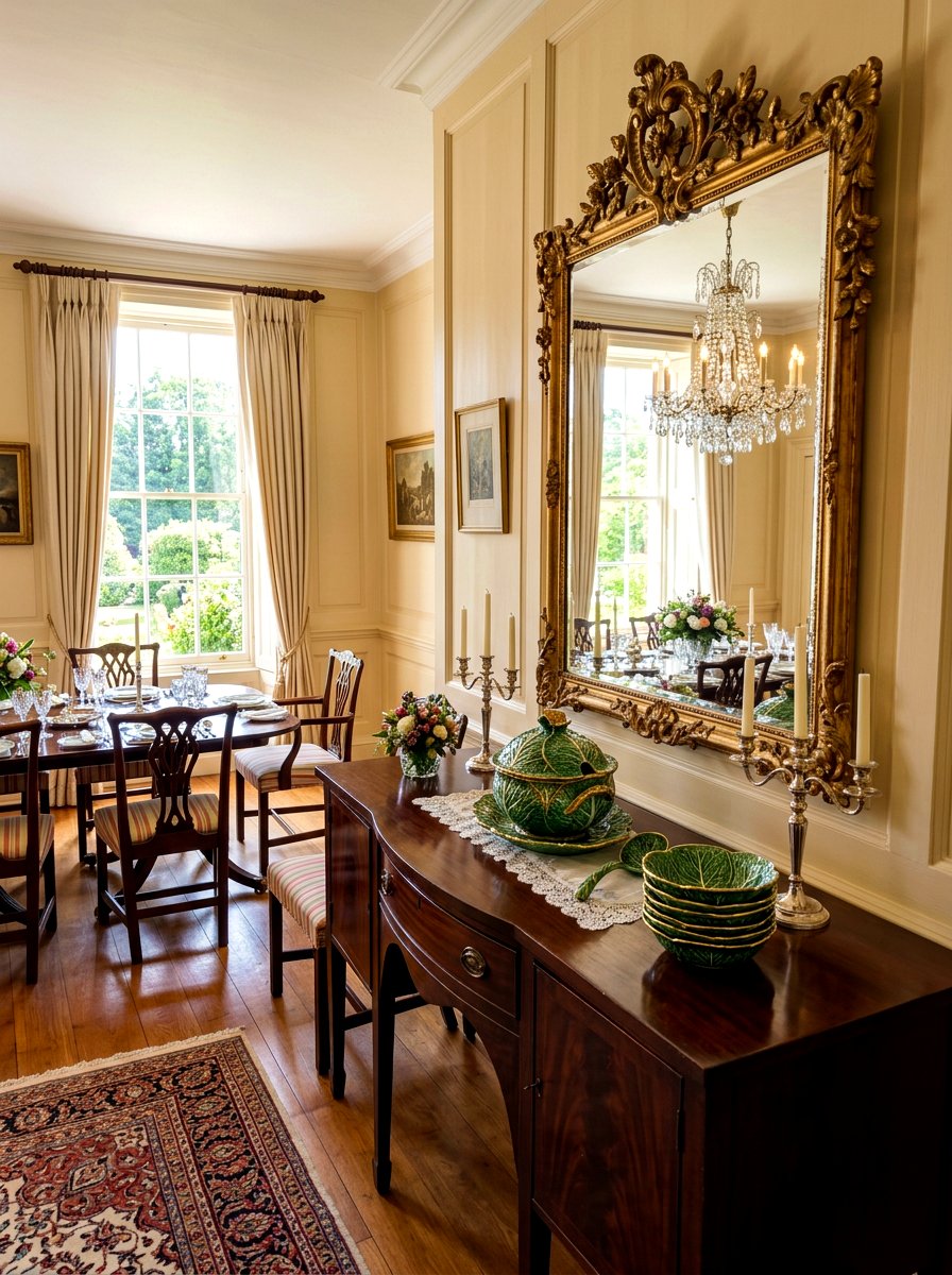 Antique cabbage tureen on wooden sideboard - 30 cabbagecore dining room ideas
