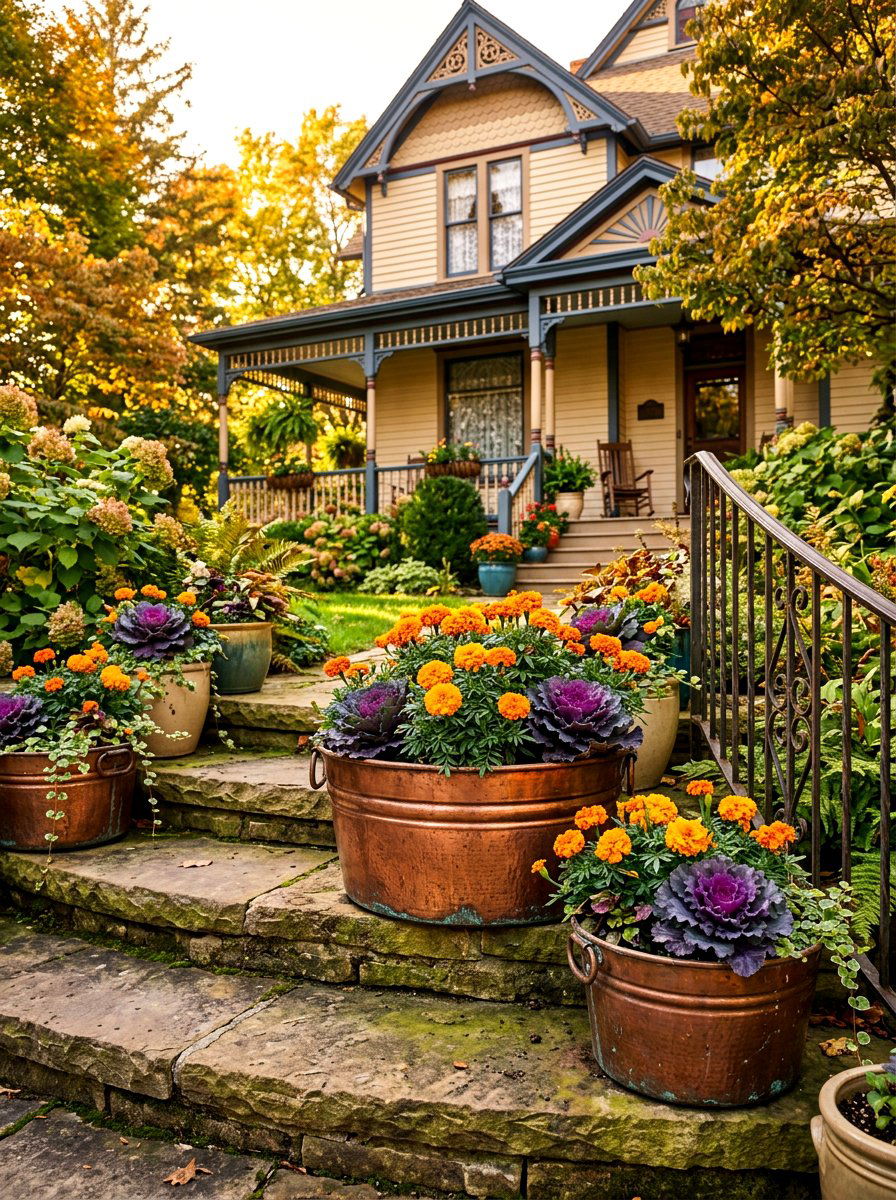 Antique copper wash tubs - 30 porch step planter ideas