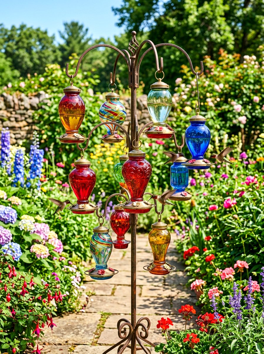 Antique glass feeder display - 30 hummingbird oasis backyard ideas