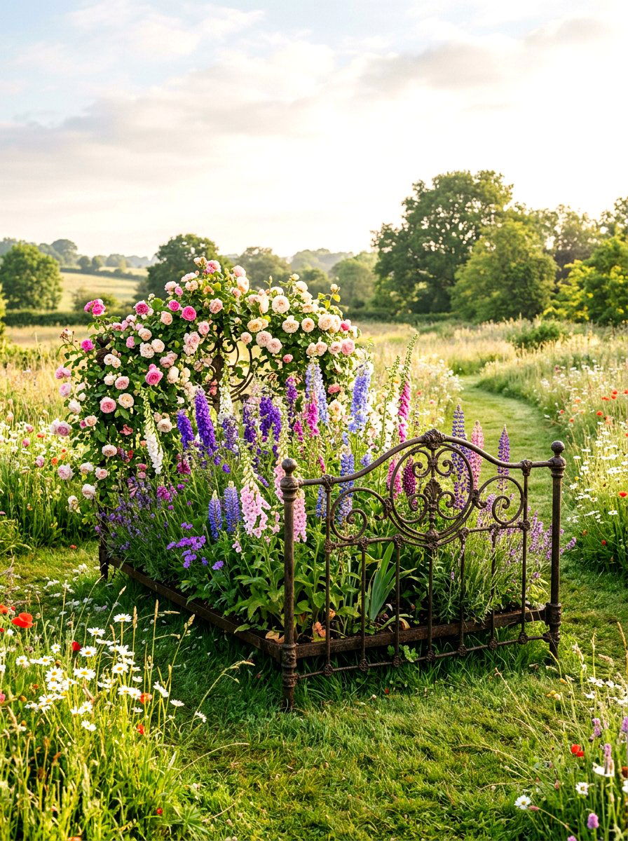 Antique iron bedsteads - 30 vintage garden decor ideas