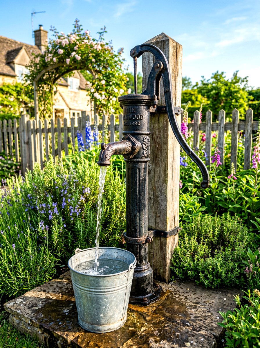 Antique iron water pump - 30 courtyard fountain garden ideas