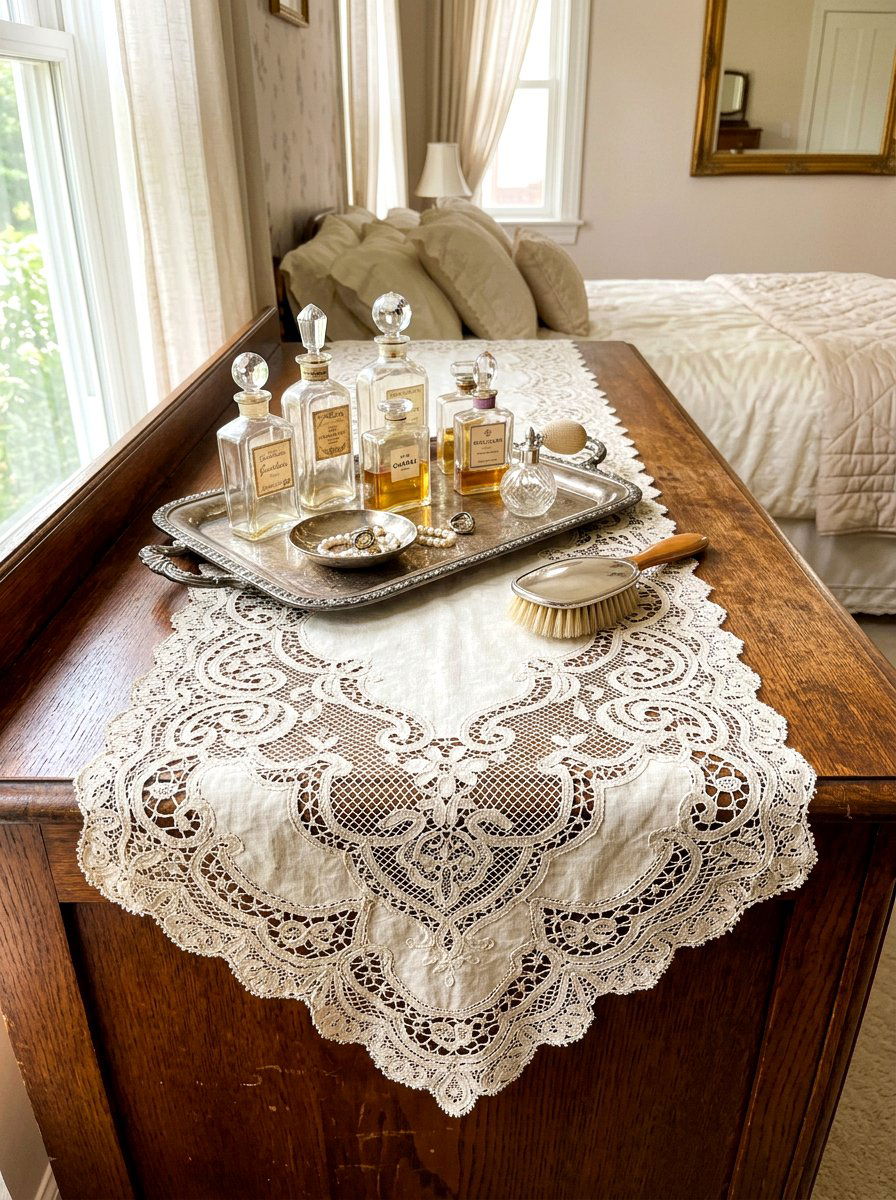Antique lace table runner - 30 cottage lace bedroom ideas