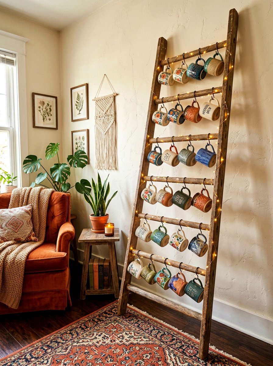 Antique ladder display - 30 mug display ideas