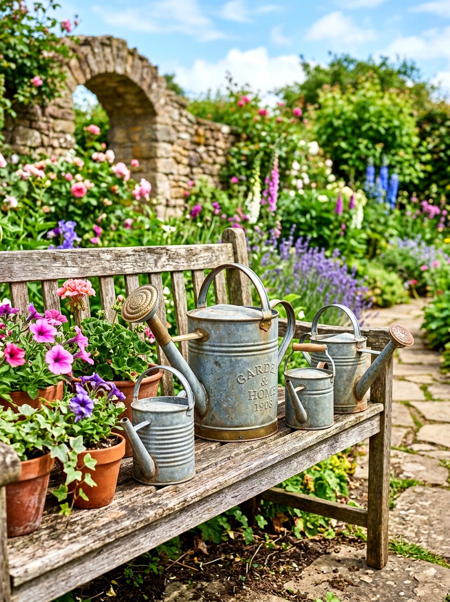 Antique metal watering can decor - 30 cottagecore garden ideas