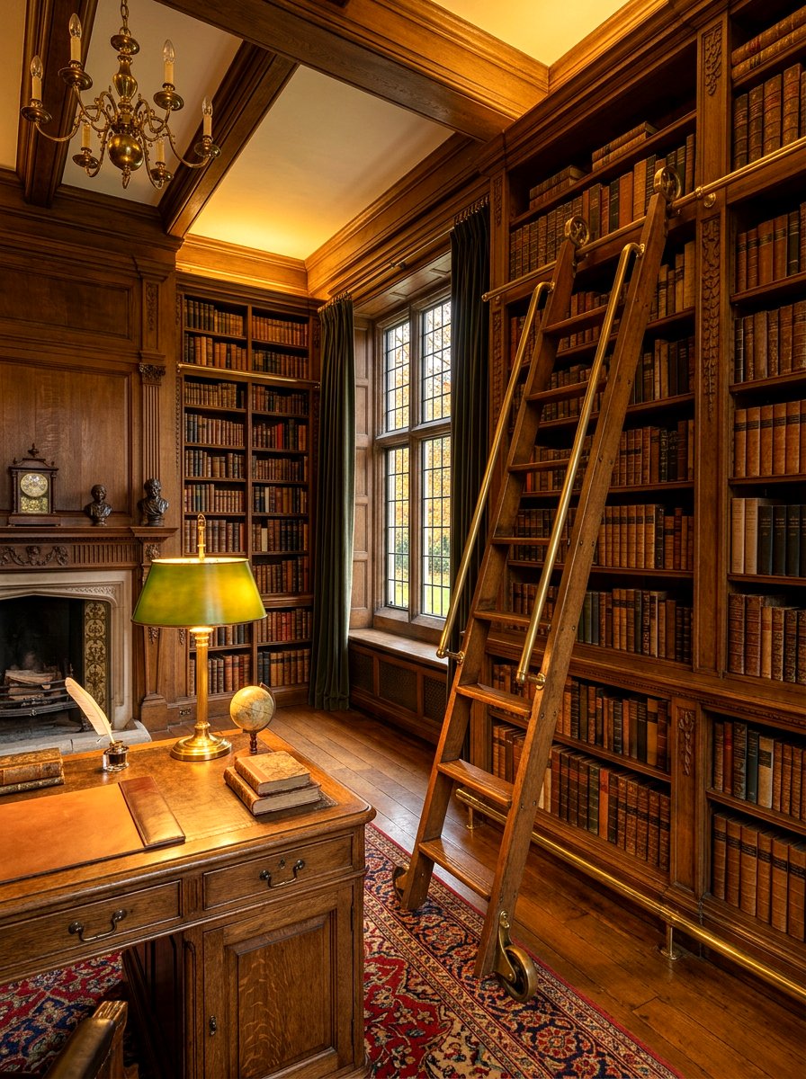 Antique oak study room - 30 library ladder ideas