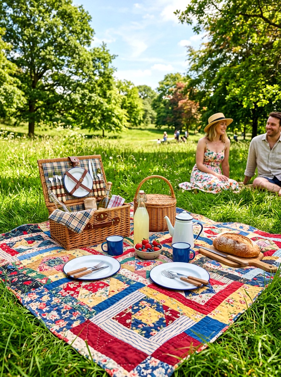 Antique quilt picnic layout - 30 vintage tablescape ideas