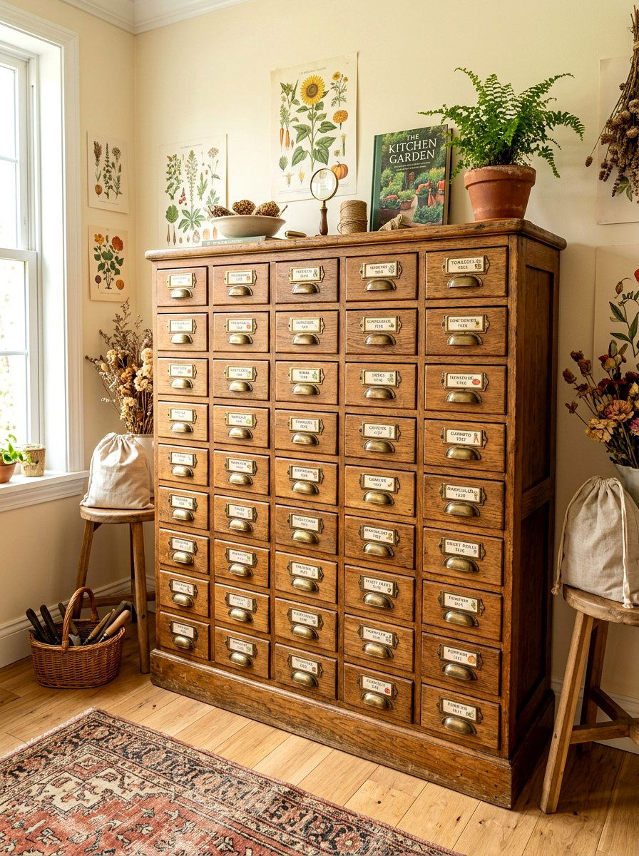 Antique seed packet cabinet - 30 potting shed storage ideas