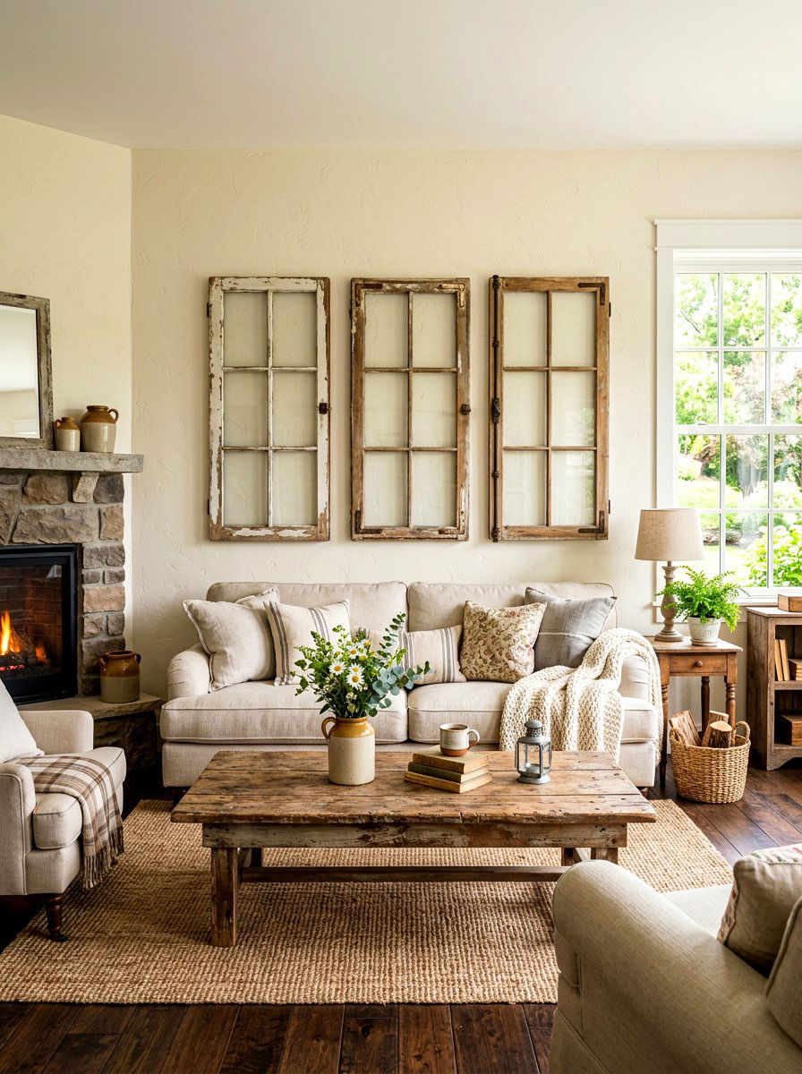 Antique window frames - 30 living room wall decor ideas